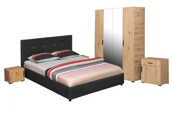 Set dormitor ECONO, 5 piese, pat 160x200 cm, dulap 4 usi, comoda, 2 noptiere, artisan + gri antracit