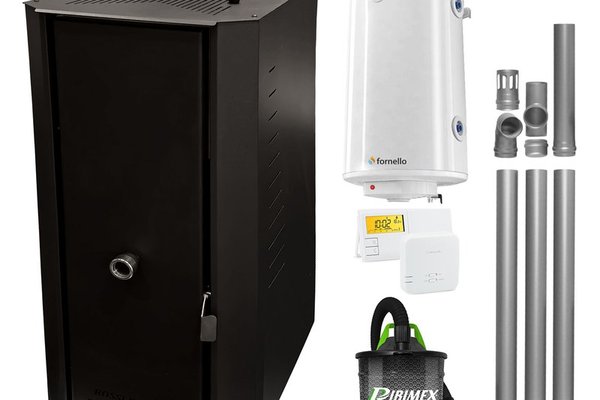 Pachet Centrala termica pe peleti Fornello Rossi B Black 25 kw, pompa de circulatie, vas expansiune, tiraj fortat, Ecodesign, A+, Boiler Termoelectric Fornello 100 l, Termostat Salus 091FLRFV2, Aspirator si Kit evacuare 3.5 ml