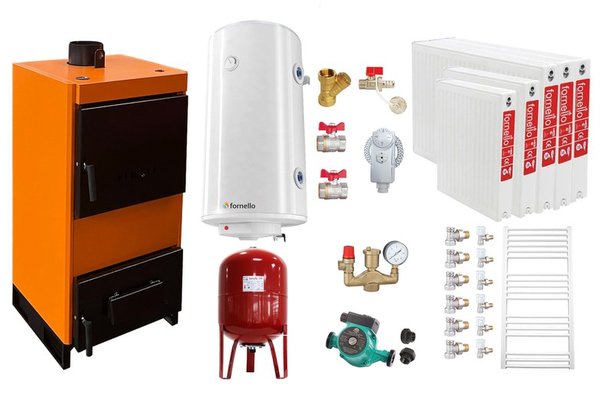 Pachet Cazan (centrala) pe combustibil solid, (lemn, carbune), Fiama W, 35 kW, Radiatoare Otel, Boiler Termoelectric, Vas Expansune, Pompa si Fitinguri Montaj