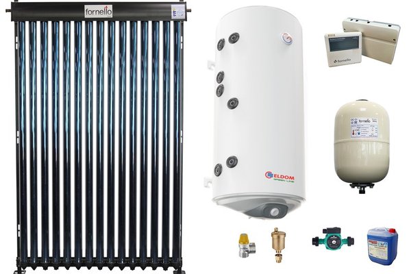 Sistem solar presurizat, panou Fornello 15 Tuburi Heat Pipe, boiler cu 2 serpentine si rezistenta electrica Eldom 150 litri, pompa 25-60, controller, vas expansiune, antigel, supapa 1/2, aerisitor 1/2