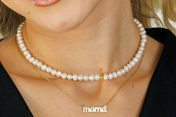 Lantisor cu Perle - Nume melodios - Model 2 straturi cu sirag perle si lantisor cu nume - Argint 925 placat cu Aur Galben 18K