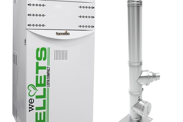 Pachet Centrala termica pe peleti Fornello Lidya Compact 25 kw, echipata cu pompa electronica Grundfos, vas expansiune, manometru, aerisitor, supapa, arzator inox, A+, Cos inox 6 ml 120 mm