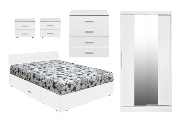 Set dormitor ALMA, 5 piese, pat 160x200 cm, dulap usi glisante cu oglinda, comoda, 2 noptiere, alb