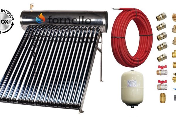 Pachet panou solar presurizat compact FORNELLO SPP-470-H58/1800-20-c cu 20 tuburi vidate de tip heat pipe si boiler din inox de 177 litri, Teava, Vas Expansiune si Fitinguri montaj
