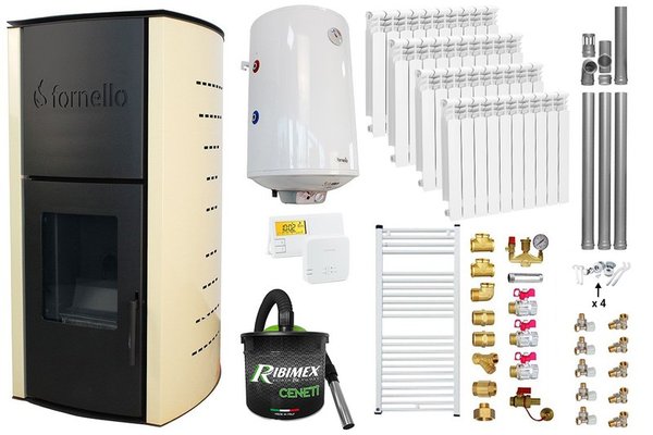 Pachet Termosemineu pe peleti Fornello Royal Ivory 18 kW, complet echipat cu pompa, vas expansiune, automatizare, culoare crem, Calorifere aluminiu, Boiler, kit evacuare 3.5 ml, Aspirator Cenusa, Termostat Salus 091FLRFV2 si Fitinguri