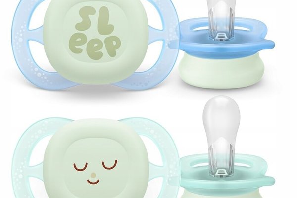 Set 2 suzete Philips Avent Ultra Start pentru noapte, ortodontice, fosforescente, 0-2 luni, fara BPA, sustenabile, model verde/albastru