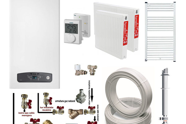 Pachet apartament cu o camera, centrala termica in condensatie Ariston Cares S 24 kW, kit evacuare inclus, termostat, teava hidronix, calorifere otel, kit armaturi centrala, robineti calorifer