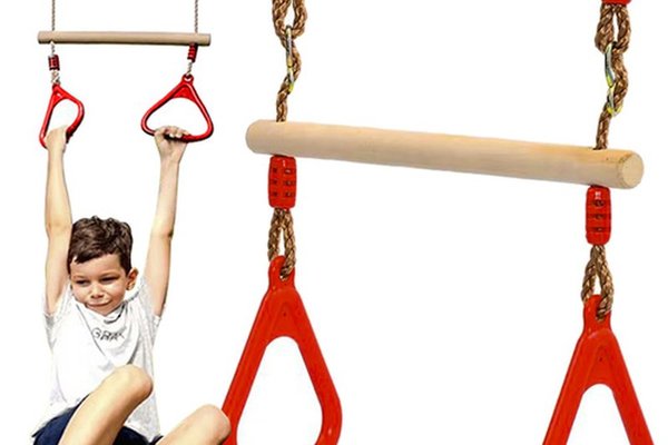 Leagan pentru copii, Kruzzel, model 2 in 1, include trapez de gimnastica si bara acrobatica din lemn, inaltime reglabila, max 100 kg