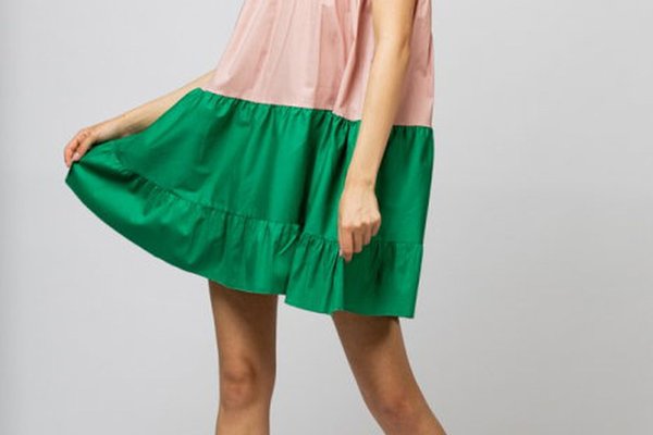 Rochie din poplin de bumbac, cu trei volane verde, roz si alb