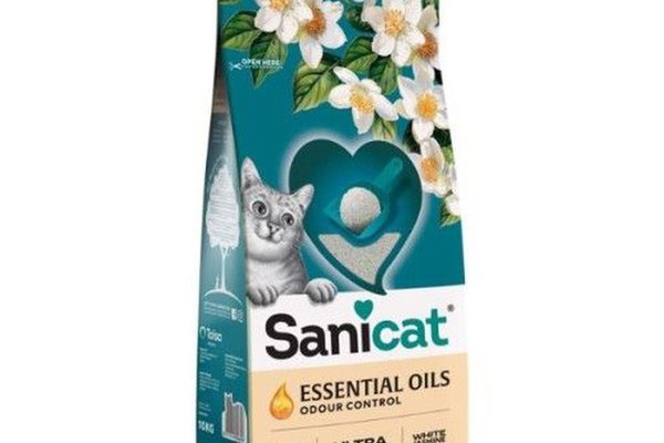 Asternut pentru pisici, Sanicat Essential Oils White, cu parfum de iasomie, 10 kg