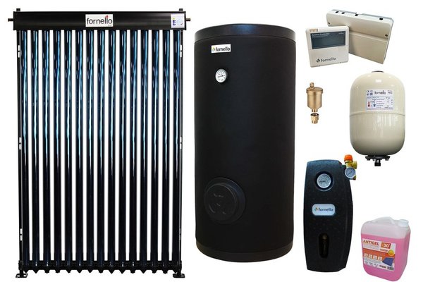 Pachet sistem solar presurizat, panou Fornello 15 Tuburi Heat Pipe, Grup pompare, Boiler cu 2 serpentine FORNELLO SOL 150 LT 2S, Controller, Vas expansiune, Aerisitor 1/2, Antigel