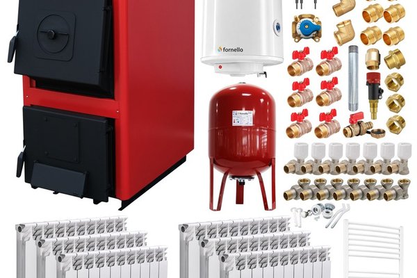 Pachet complet centrala pe combustibil solid Fornello T-PRO 25 kW cu calorifere aluminiu, boiler si accesorii