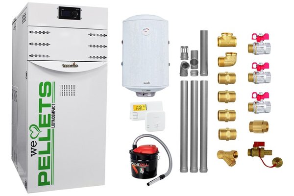 Pachet Centrala termica pe peleti Fornello Lidya Compact 25 kw, pompa Grundfos, arzator inox, curatare mecanica arzator si schimbator, A+, Kit evacuare 3.5 ml, Boiler Fornello 100 l, Termostat Salus 091FLRFV2, Aspirator si Kit montaj