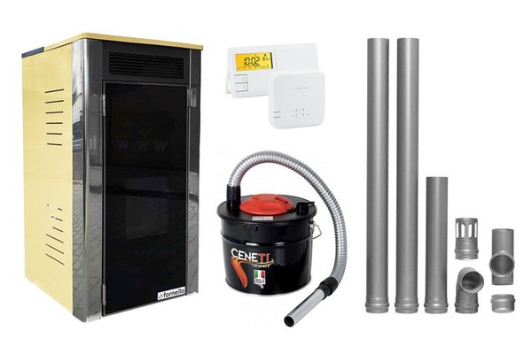 Pachet Termoșemineu Fornello Primo Truva 25 kW Ivory, pompa de circulatie, vas de expansiune, supape de siguranta, curatare mecanica creuzet, kit evacuare 2.5 ml, Termostat Salus 091FLRFV2 si Aspirator Cenusa