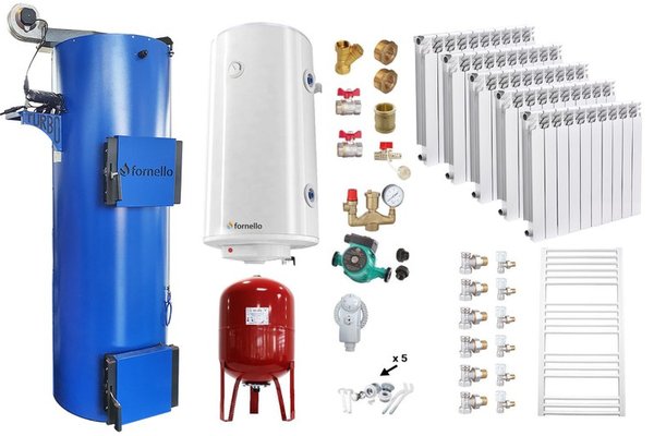 Pachet Complet Cazan Fornello Turbo 25 kW pe Combustibil Solid cu Calorifere Aluminiu, Boiler si Accesorii