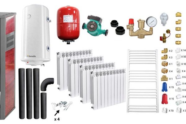 Pachet complet de incalzire Fornello Roma E Bordeaux 22 kW cu boiler de 100 l, radiatoare Alvo si accesorii
