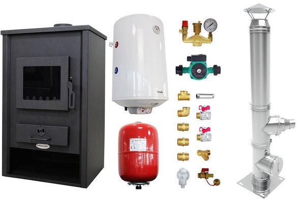 Pachet Termosemineu pe lemne, brichete si carbune Fornello Padova E, 19.4 kW, 510x500x910 mm, cos inox, boiler termoelectric 80l, vas expansiune, pompa circulare si kit montaj