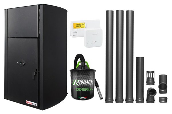 Pachet centrala pe peleti Fornello Fiama Confort B 25 kW cu termostat Salus, aspirator de cenusa si kit evacuare