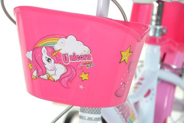Bicicleta copii Dino Bikes Unicorn 14 inch ,varsta 4-7 ani, inaltimea 95-115 cm, frana de mana pe roata din fataspate, cosulet fata si scaun pentru papusa in spate, pinion spate fix, roti ajutatoare detasabile