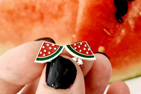 Cercei felie de pepene verde colorata cu email - Argint 925 - inchidere surub
