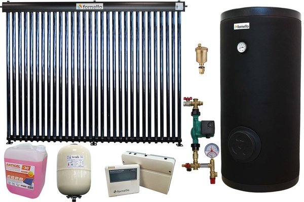 Pachet sistem solar presurizat, panou Fornello 30 Tuburi Heat Pipe, Boiler de SOL cu 2 serpentine Fornello 300 LT 2S, controller, vas expansiune, grup pompare, aerisitor 1/2, antigel