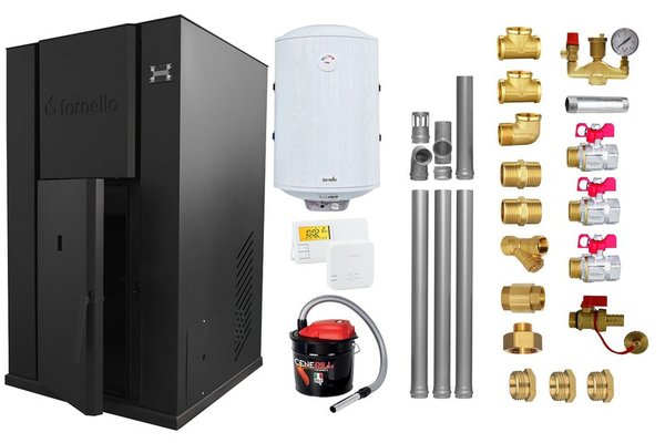 Pachet Centrala peleti Fornello Pellet King 40 kw, complet echipata pentru incalzire, pompa circulatie, vas expansiune, automatizare, kit evacuare 3.5 ml, Boiler Termoelectric Fornello 100 l, Termostat Salus 091FLRFV2, Aspirator si kit montaj