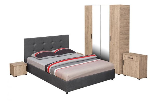 Set dormitor ECONO, 5 piese, pat 160x200 cm, dulap 4 usi, comoda, 2 noptiere, sherwood + gri