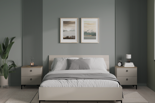 Set dormitor DOMINICA, 3 piese, pat cu somiera rabatabila 160x200 cm, 2 noptiere,  taupe + stejar silverjack