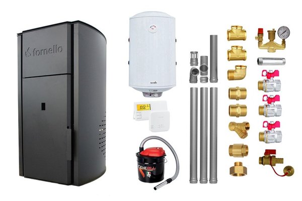 Pachet Centrala peleti Fornello Royal B 25 kw, complet echipata pentru incalzire, pompa circulatie, vas expansiune, automatizare, kit evacuare 3.5 ml, Boiler Termoelectric Fornello 100 l, Termostat Salus 091FLRFV2, Aspirator si kit montaj