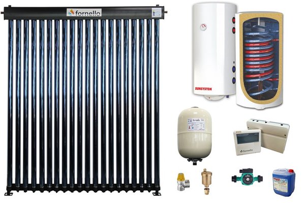 Sistem solar presurizat, panou Fornello 20 Tuburi Heat Pipe, boiler cu 2 serpentine si rezistenta electrica Sunsystem BB NL2 150 PRL, pompa 25-60, controller, vas expansiune, antigel, supapa 1/2, aerisitor 1/2