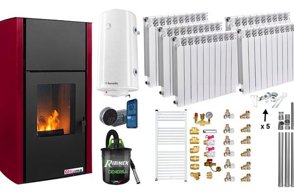 Fornello Fiama Confort 25 kW - Pachet Complet pentru Incalzire cu Peleti, Culoare Bordeaux