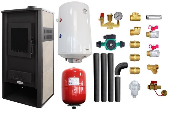 Pachet Termosemineu pe lemne, brichete si carbune Fornello Roma E, Ivory, 22 kW, 49x45x103 cm, boiler termoelectric 100l, vas expansiune, pompa circulatie, kit evacuare si kit montaj