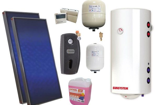 Pachet solar premium, presurizat, 2x panou plan Sunsystem PК SL FP 2.0, Boiler cu 2 serpentine Sunsystem BB NL2 150 PRL 2S, controller, vas expansiune solar, vas expansiune sanitar, grup pompare Fornello (pompa OHI), aerisitor, antigel