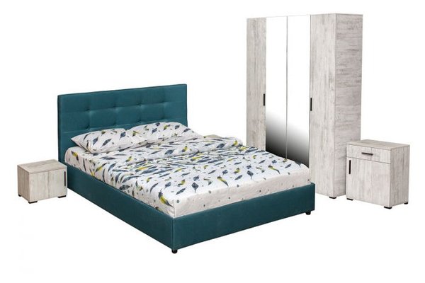 Set dormitor ECONO, 5 piese, pat 140x200 cm, dulap 4 usi, comoda, 2 noptiere, pin antichizat + turcoaz