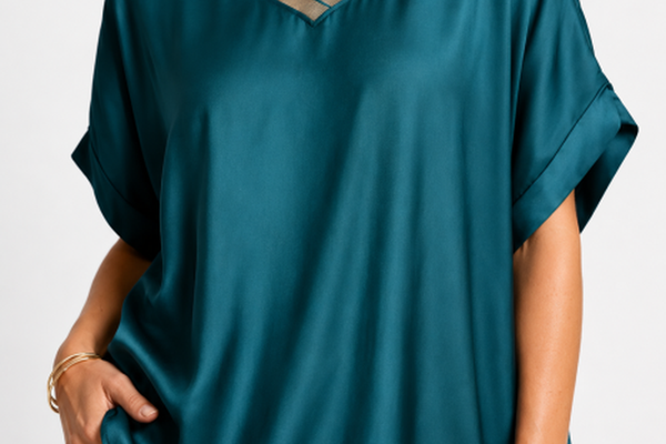 Bluza oversized turcoaz din matase si vascoza satinata cu detalii aurii