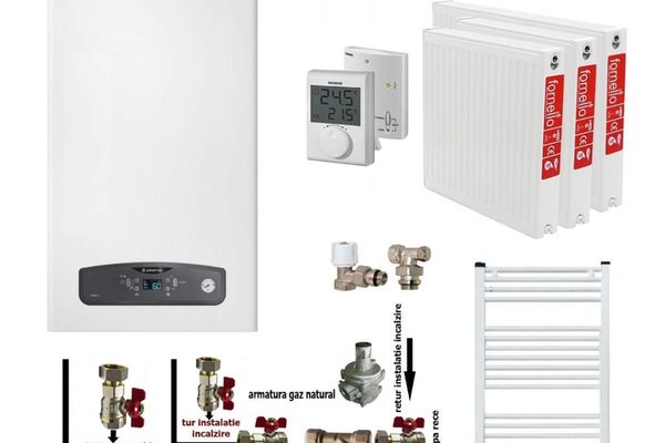 Pachet apartament cu 2 camere, centrala termica in condensatie Ariston Cares S 24 kW, kit evacuare inclus, termostat, calorifere otel, kit armaturi centrala, robineti calorifer