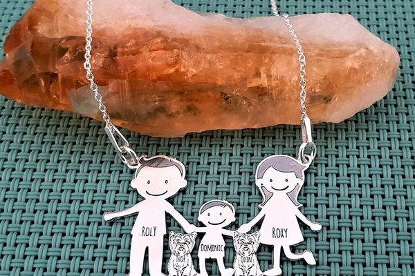 Lantisor Personalizat Familie - 5 Membri cu 2 Yorkshire Terrieri - Argint 925