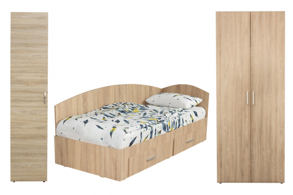 Set dormitor modular ALMA, 3 piese, pat de colt 120x200 cm, colt interschimbabil, dulap 2 usi, dulap 1 usa, sonoma deschis