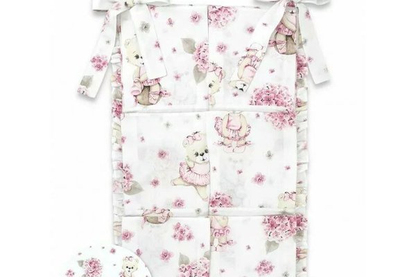 Organizator Patut MimiNu, Bumbac Oeko Tex Standard 100, 6 Compartimente, Panglici Decorative, 70x40 cm, Design Pink Ballerina