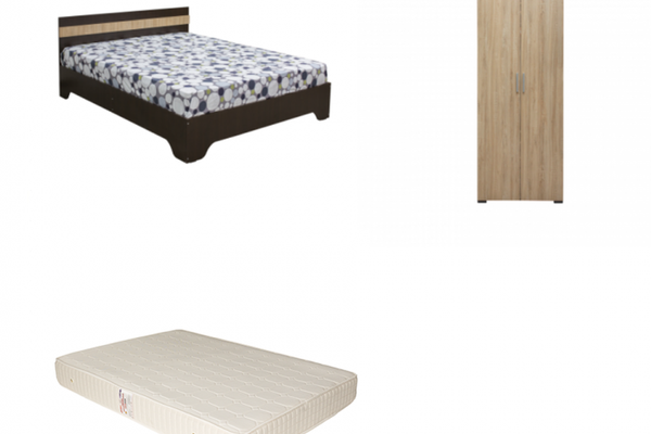 Set Pat Alma 140x200 cm cu picioare + Saltea superortopedica 140x200 cm + Dulap Corinne 2 usi bara haine