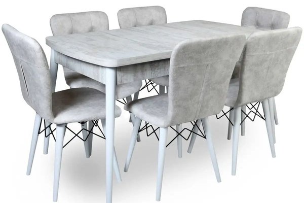 Set masa extensibila cu 6 scaune tapitate Homs cristal  bej-picior-alb-170 x 80 cm