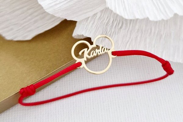 Bratara personalizata cu nume - Forma Soricel - Argint 925 placat cu Aur Galben 18K - Snur reglabil, diverse culori