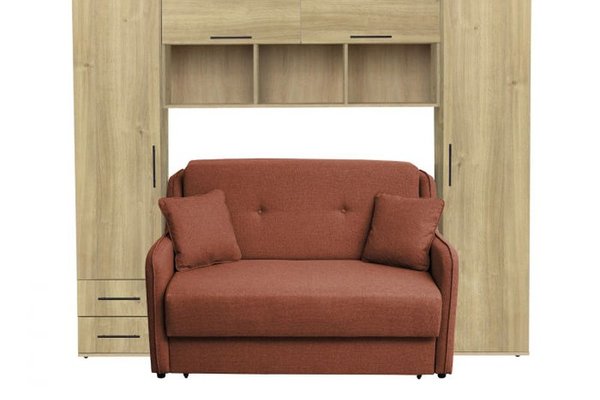 Set dormitor tineret YASMIN M1, 3 corpuri, stejar Belfast, 238x50x200 cm + Canapea GALA extensibila, 2 locuri, caramiziu, 143x98x98 cm