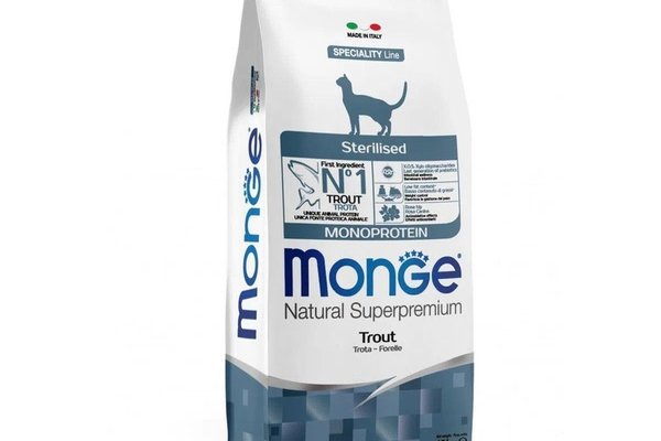 Hrana uscata pisici, Monge Natural Monoprotein Sterilised, Pastrav, 10 kg