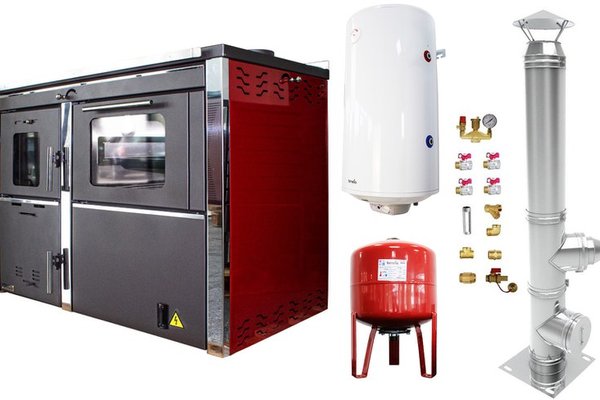 Fornello STAR Red 34 kW - Termosemineu pe combustibil solid cu plita si cuptor, inclusiv kit montaj si boiler termoelectric 100l