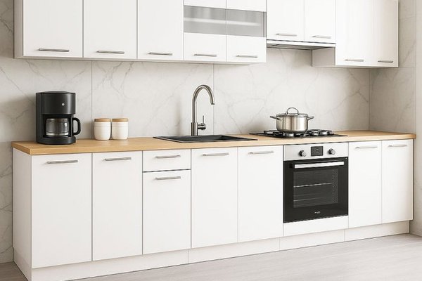 Set de bucatarie GERMANIA 320 cm, 10 corpuri, cuptor inclus, blat gros alb