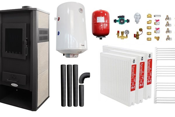 Pachet incalzire si apa calda pentru 2 camere Termosemineu pe lemne, brichete si carbune Fornello Roma E, Ivory, 22 kW, 49x45x103 cm, boiler termoelectric 100l, vas expansiune, pompa circulatie, kit evacuare, calorifere si kit montaj