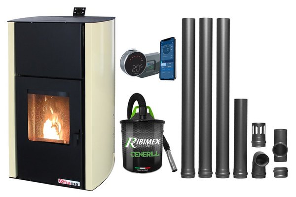 Pachet complet Termosemineu pe peleti Fornello Fiama Confort 30 kW - control de la distanta, pompa, automatizare si accesorii