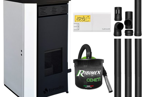 Fornello EVA 30 KW - Pachet Termosemineu pe Peleți cu Wi-Fi, Aspirator și Termostat Salus