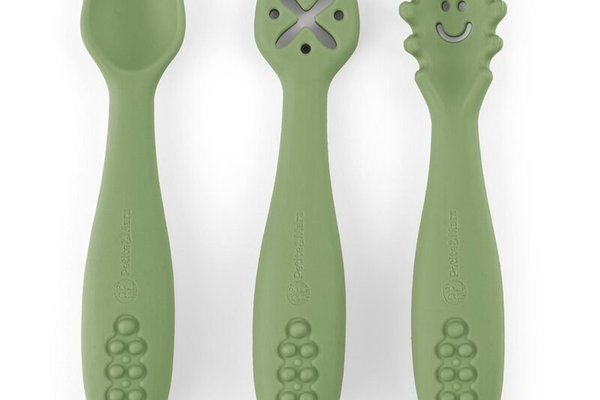 Set 3 Lingurite din Silicon Petite&Mars Take&Match pentru Bebei, Fara BPA, Diverse Forme, 6 luni+, Verde